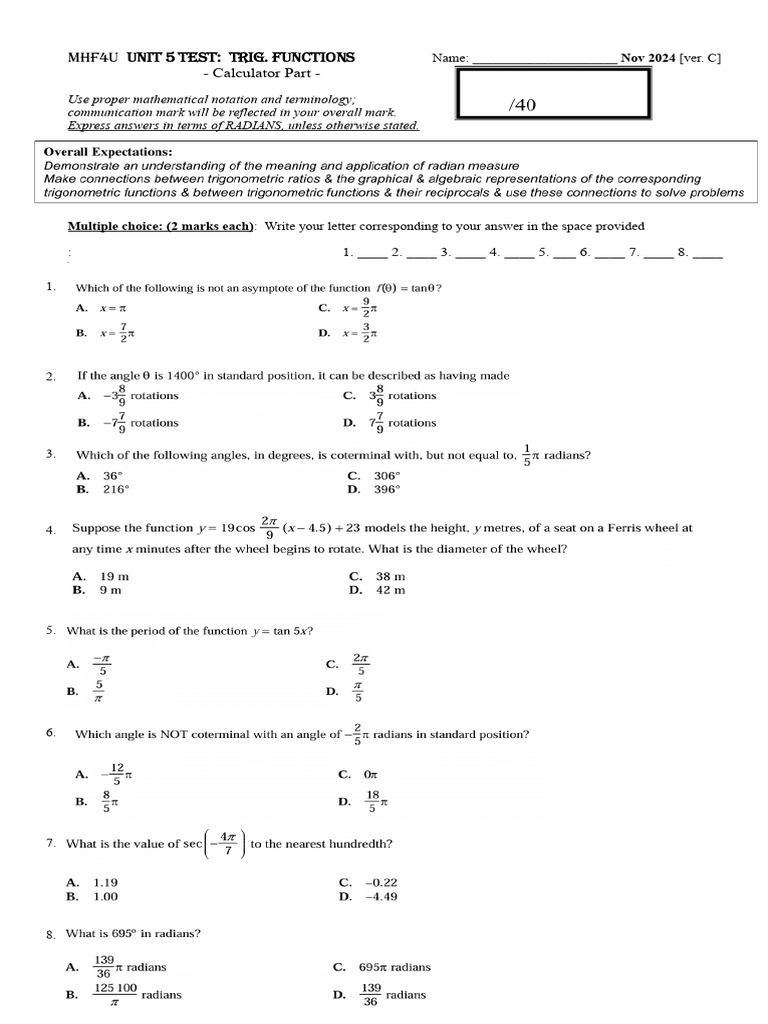 MHF4U Unit 5 Trigonometry Test | PDF | Function (Mathematics) | Derivative