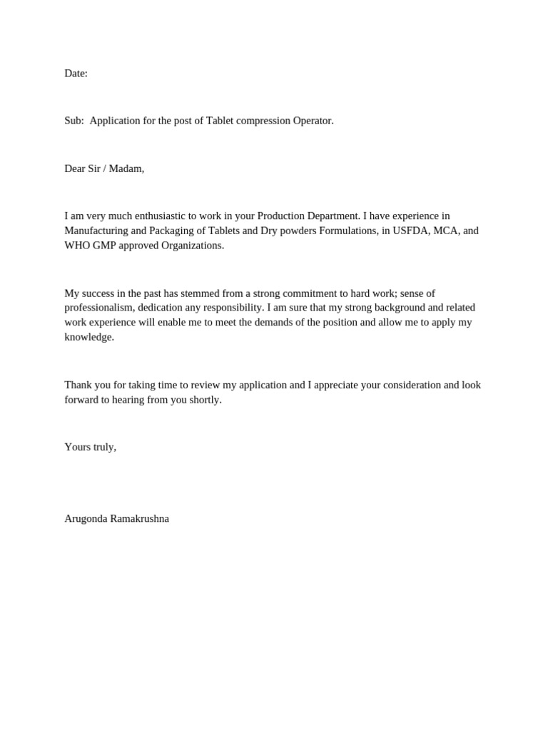 Application for Tablet Compression Operator | PDF | Tablet (Pharmacy)