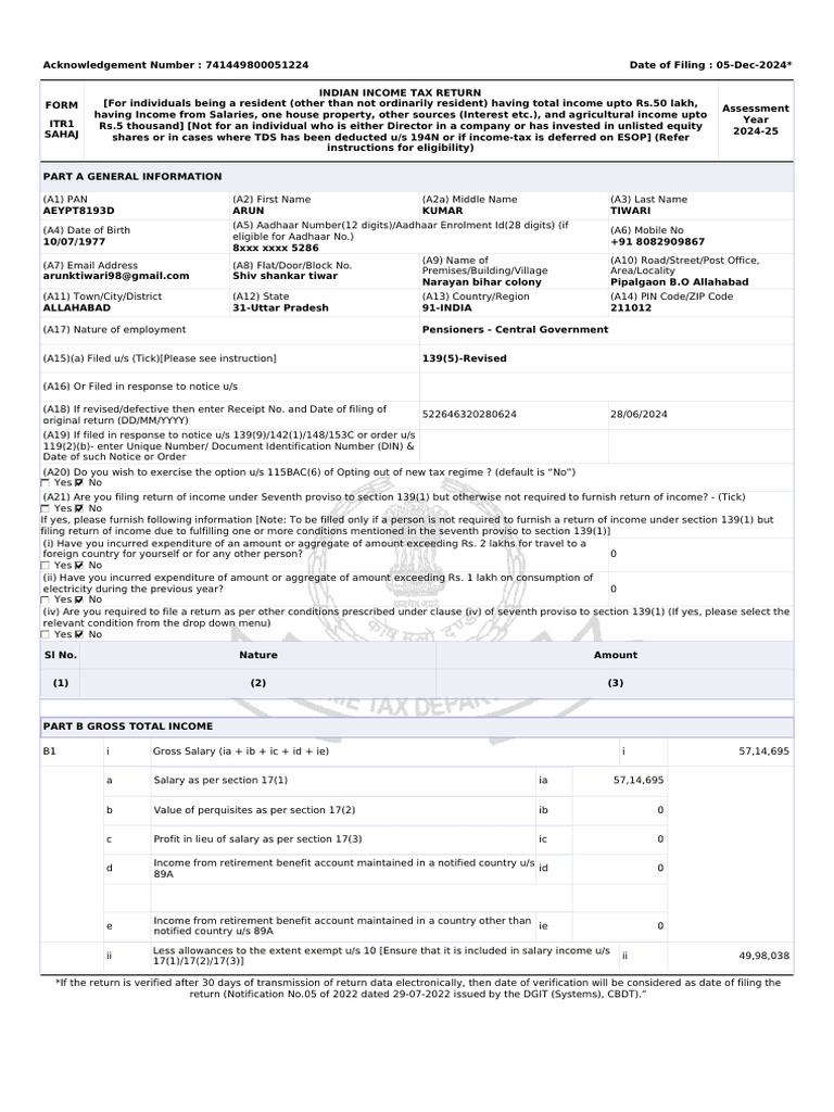 TDS Bill and ITR1 Form Details | PDF | Government Finances | Payments