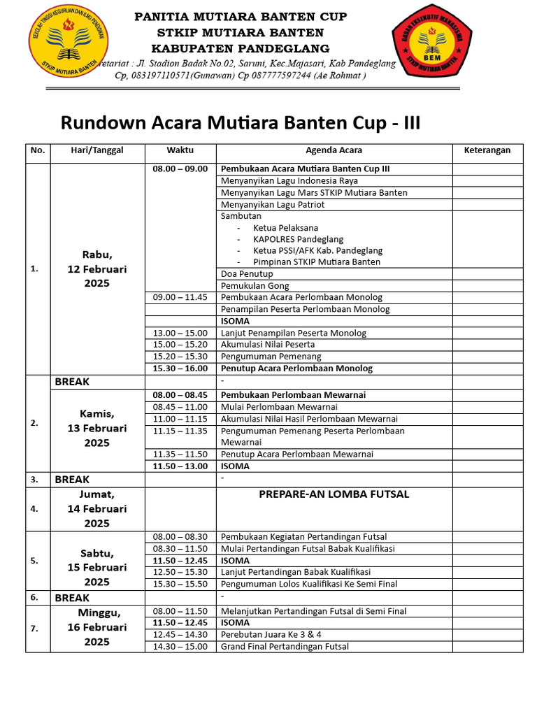 Rundown Mutiara Banten Cup III 2025 | PDF