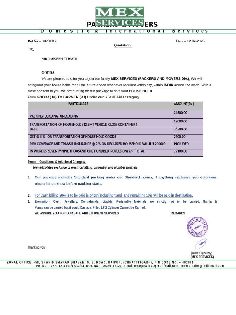 Packers and Movers Quotation for Godda | PDF