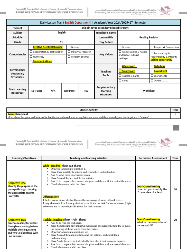 English Reading Lesson Plan 2024/2025 | PDF | Learning | Multiple Choice