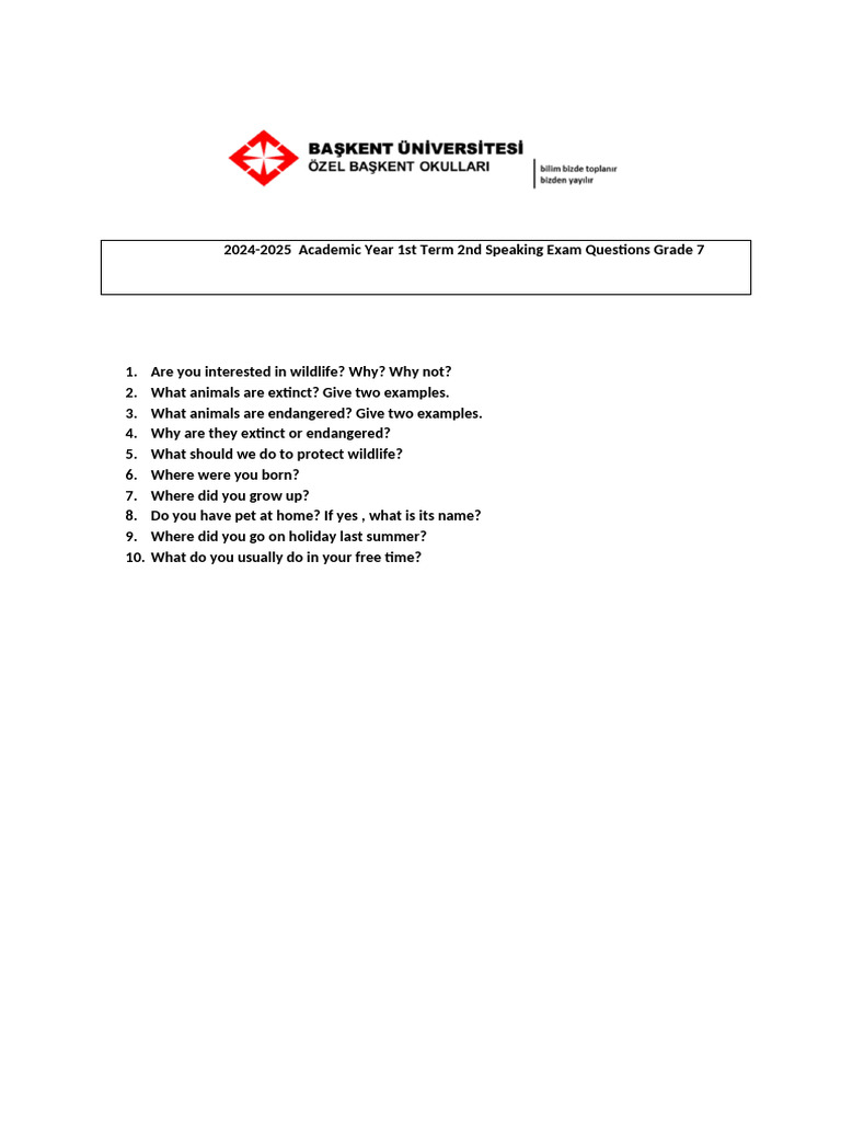 Grade 7 Speaking Exam Questions 2024-2025 | PDF