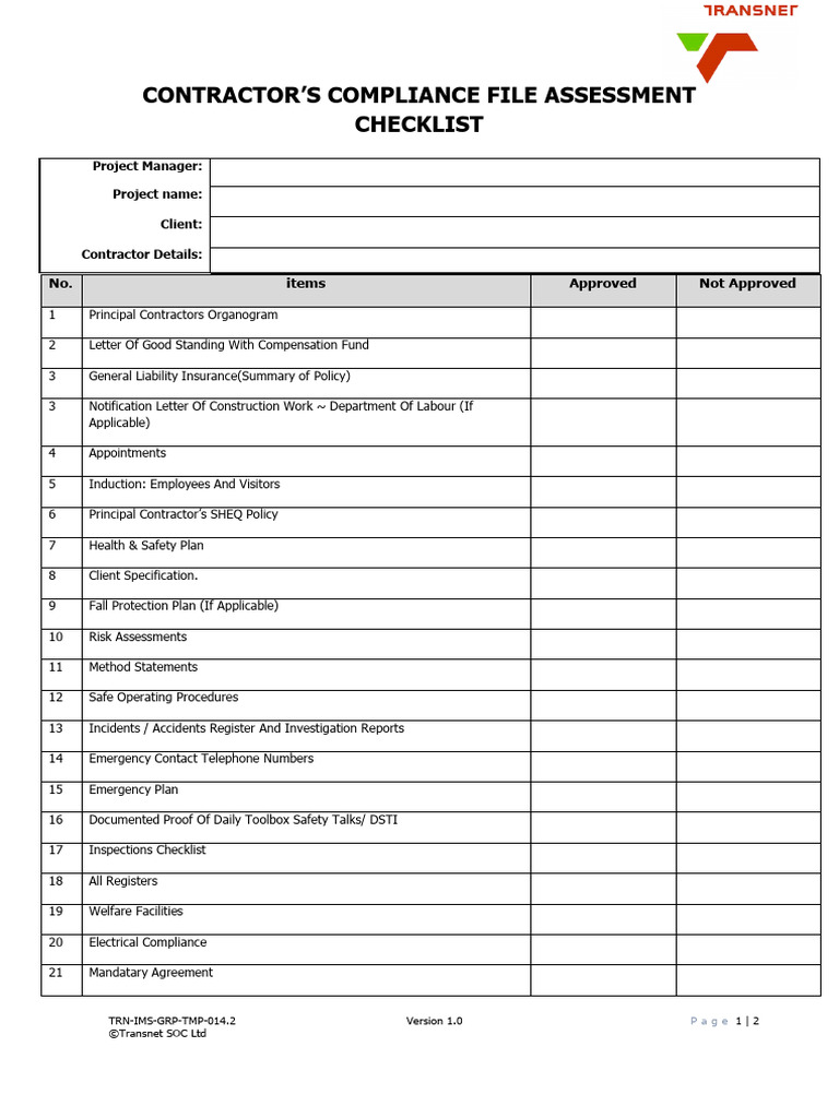 Annexure F10-Contractor Compliance File Assessment Checklist - COVID 19 ...
