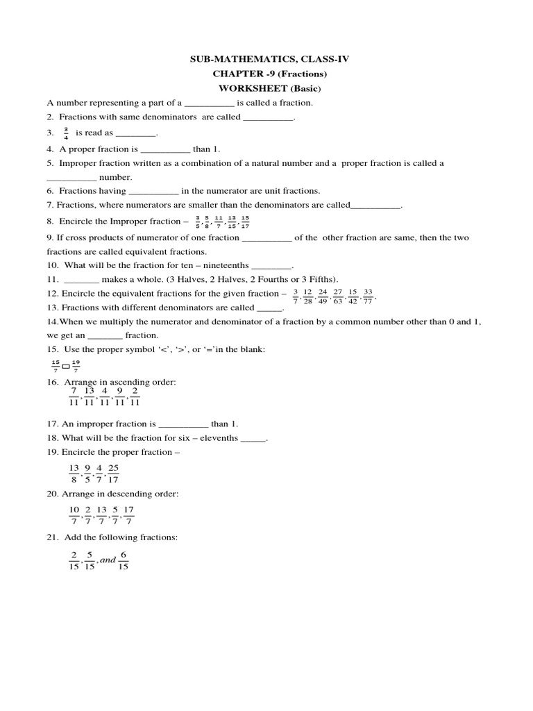 Class 4 Fractions Worksheet | PDF