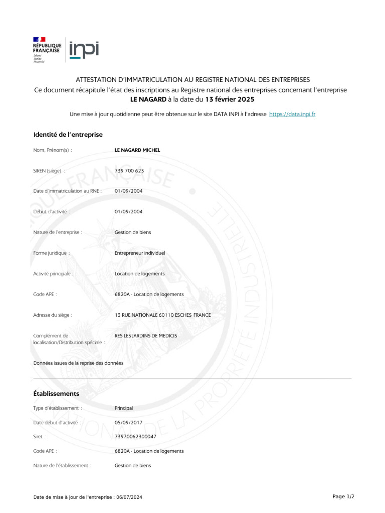 Attestation d'immatriculation RNE | PDF