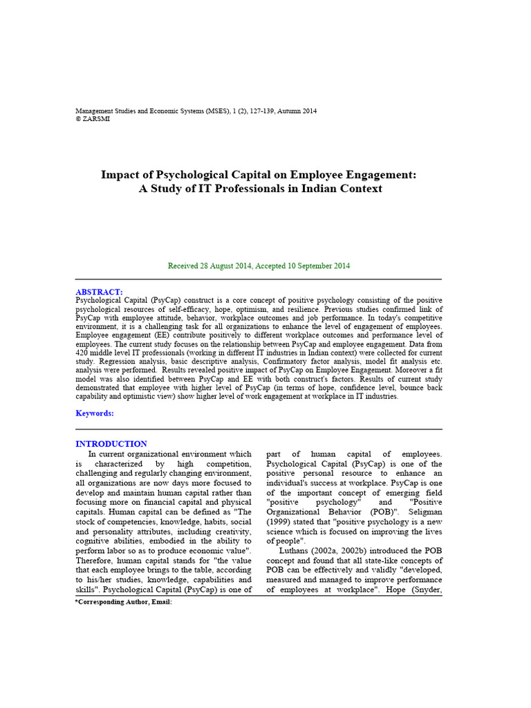 Psychological Capital and Employee Engagement | PDF | Self Efficacy | P ...