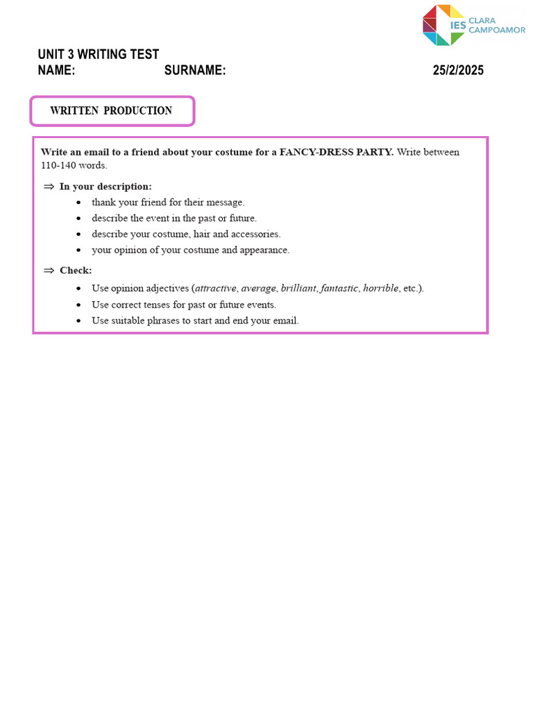 UNIT 3 Writing Test 4º ESO | PDF