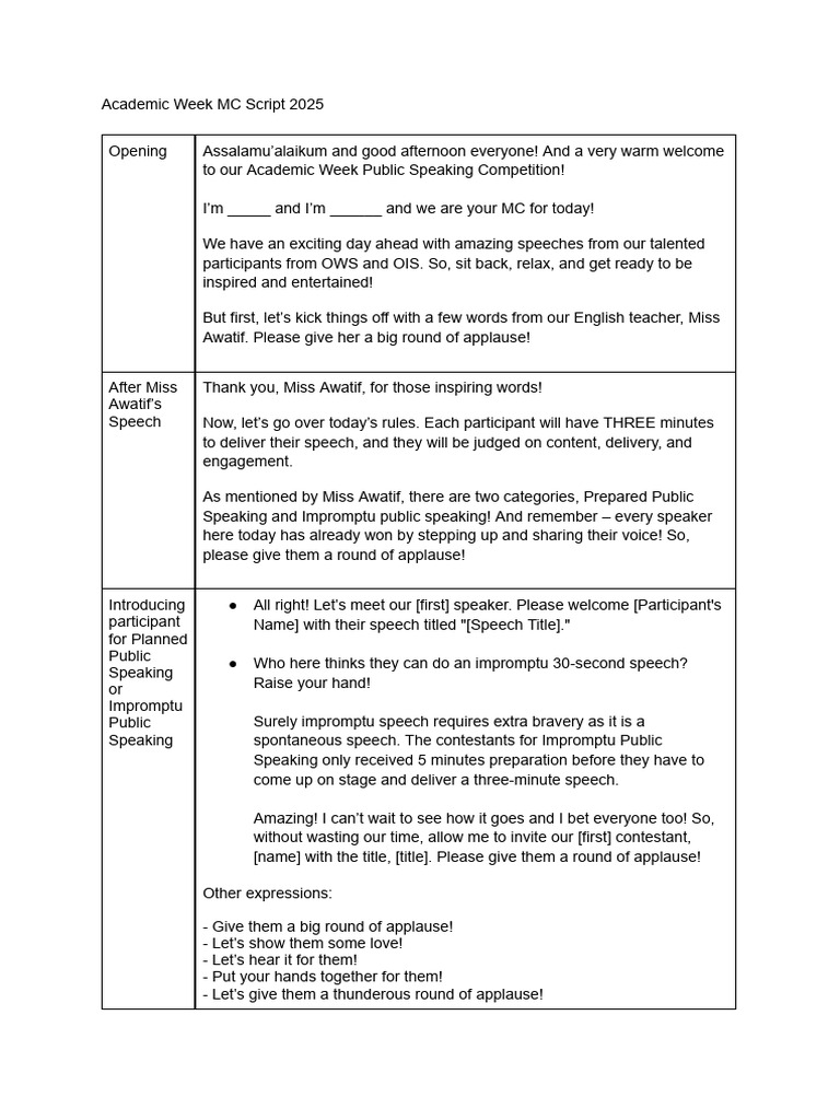 Academic Week MC Script 2025 | PDF | Applause
