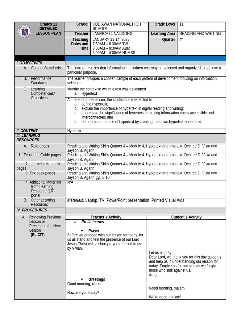 Grade 11 Lesson Plan: Hypertext Skills | PDF | Hyperlink | World Wide Web