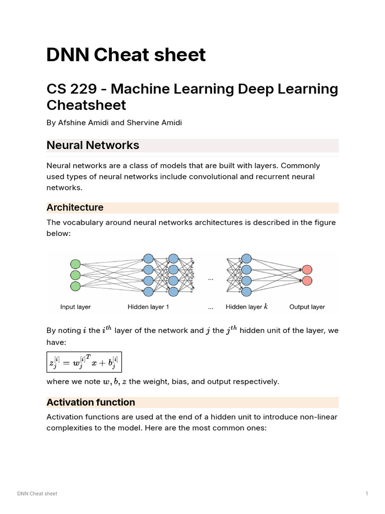 DNN Cheat Sheet for Neural Networks | PDF | Deep Learning | Machine ...