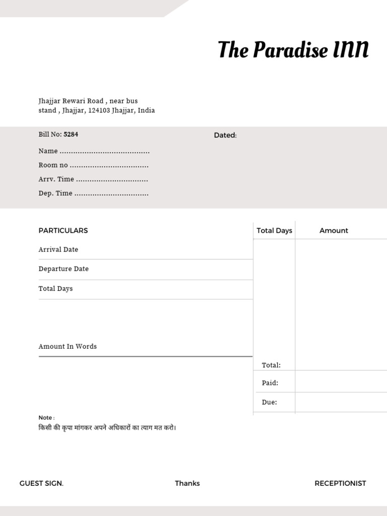 Hotel Bill Recipt Template PDF