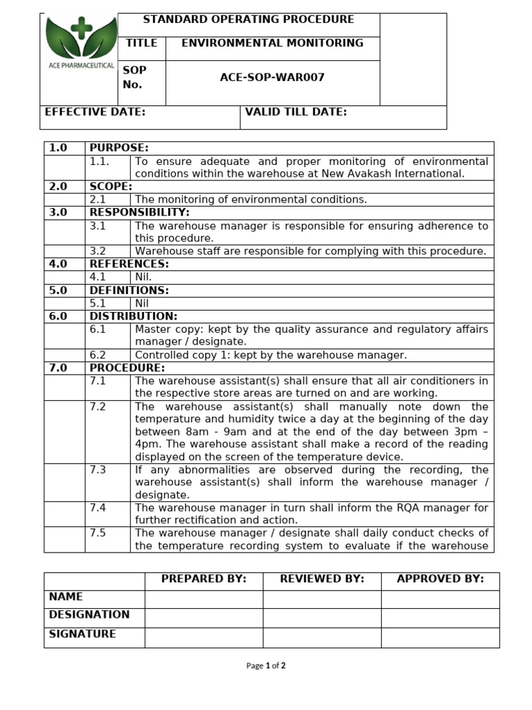 Environmental Monitoring SOP ACE-WAR007 | PDF
