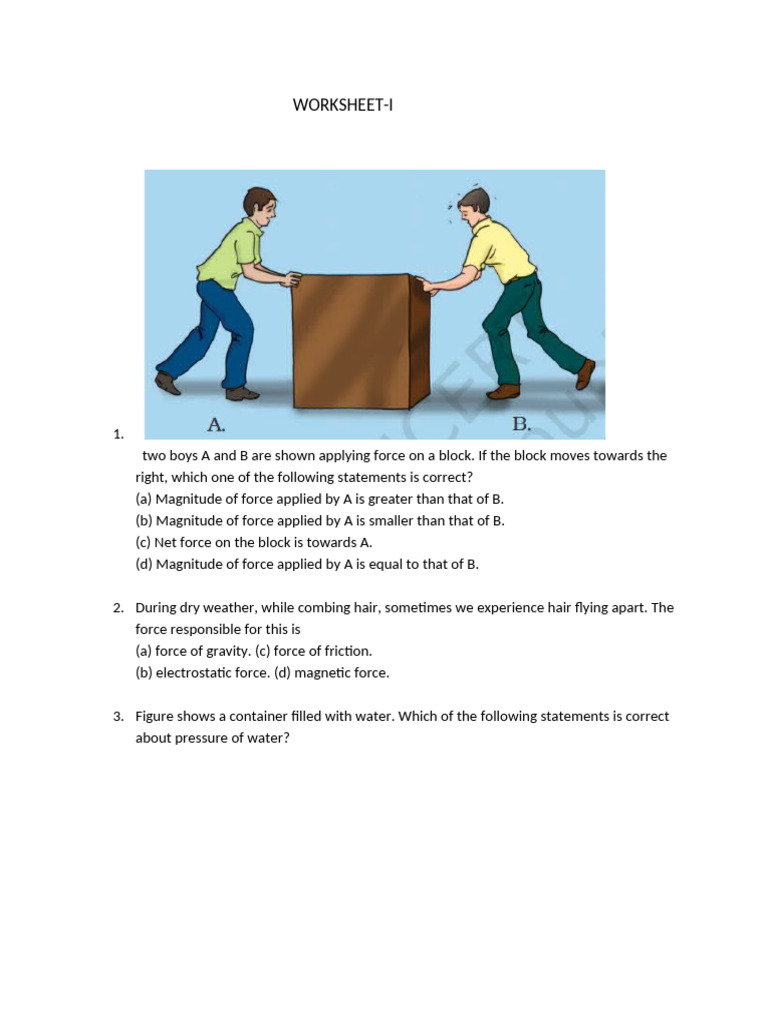 Forces and Pressure Worksheet for Class 8 | PDF