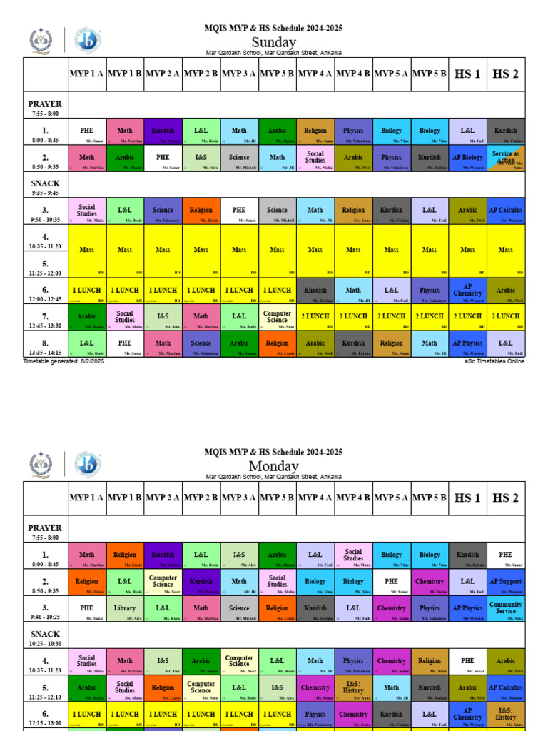MQIS 2024-2025 MYP & HS Schedule | PDF | Mathematics | Inquiry
