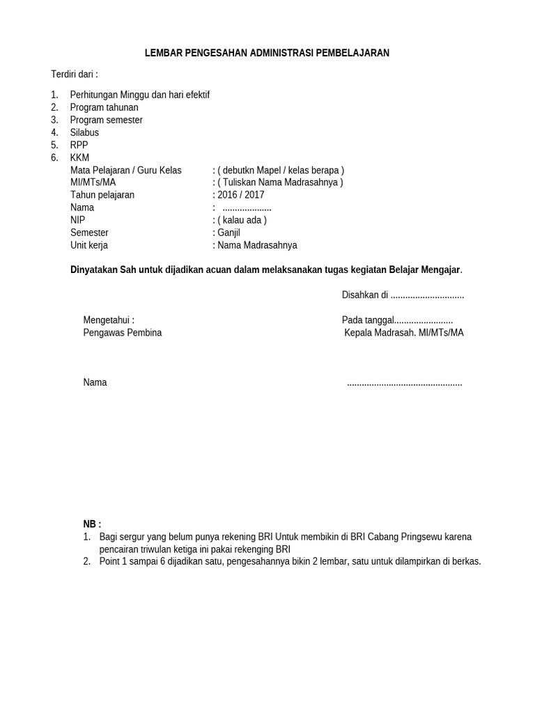 Lembar Pengesahan Pembelajaran Madrasah | PDF