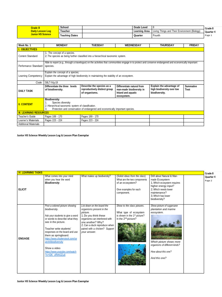 Grade 8 Science Lesson Plan on Biodiversity | PDF | Species | Biodiversity