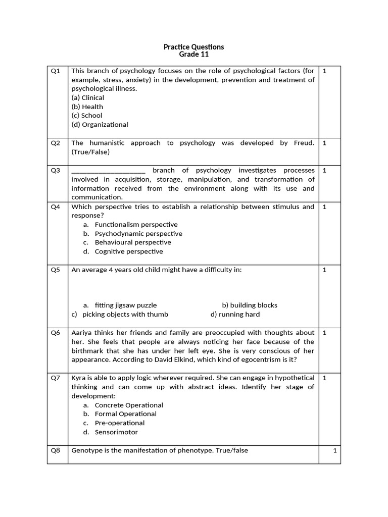 Practice Questions Grade 11 | PDF | Psychology | Thought