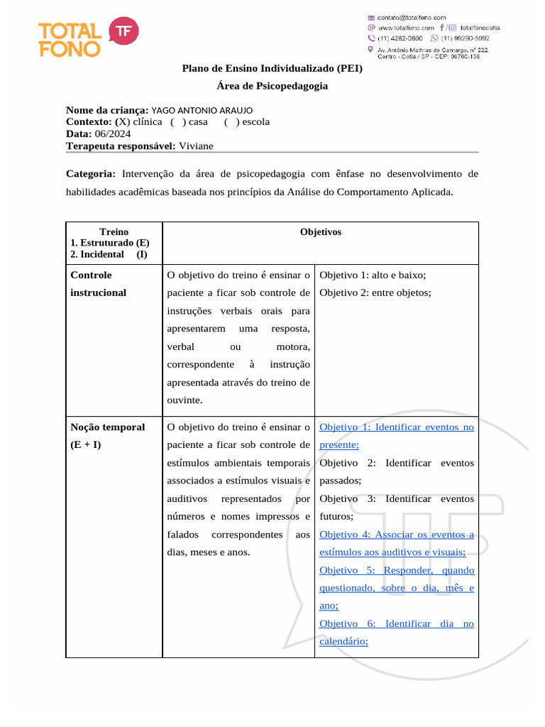 Plano de Ensino Individualizado para Yago | PDF