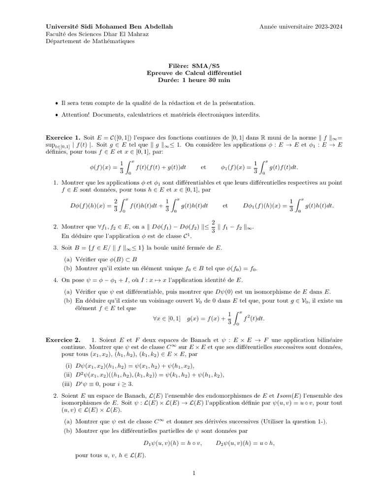 Examen de Calcul Différentiel SMA/S5 2023-2024 | PDF | Topologie ...