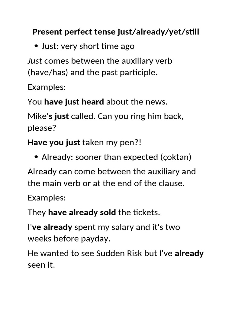 Ders Notu Week 1 Present Perfect Tense Just Already Yet | PDF