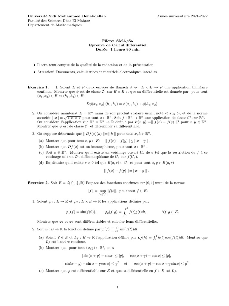 Examen de Calcul Différentiel 2021-2022 | PDF | Espace euclidien ...