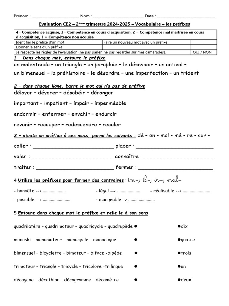 Évaluation CE2 : Vocabulaire des préfixes | PDF