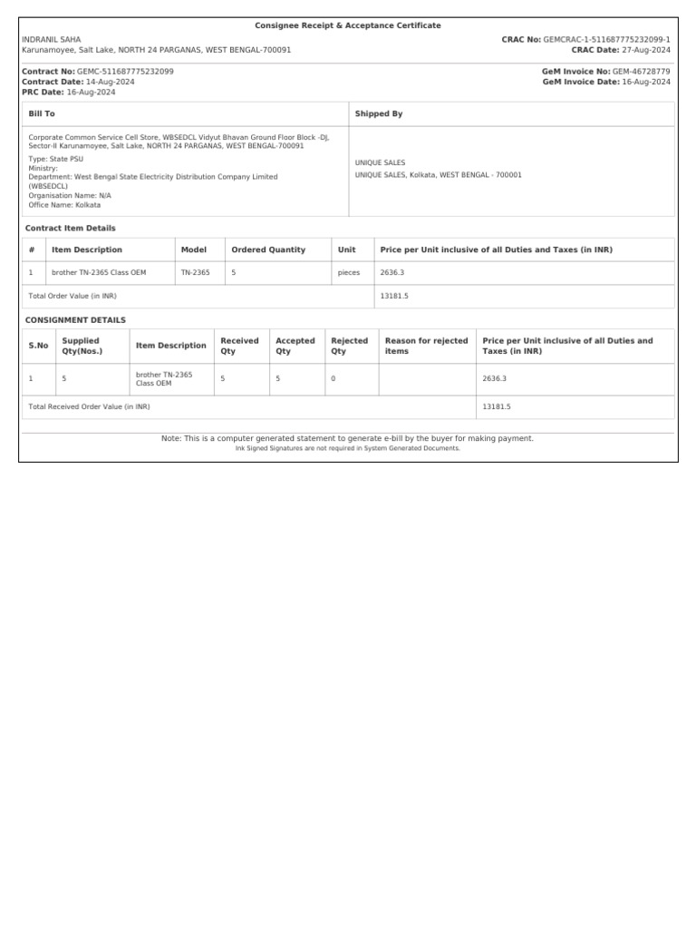 GeM Invoice and Acceptance Certificate | PDF | Business