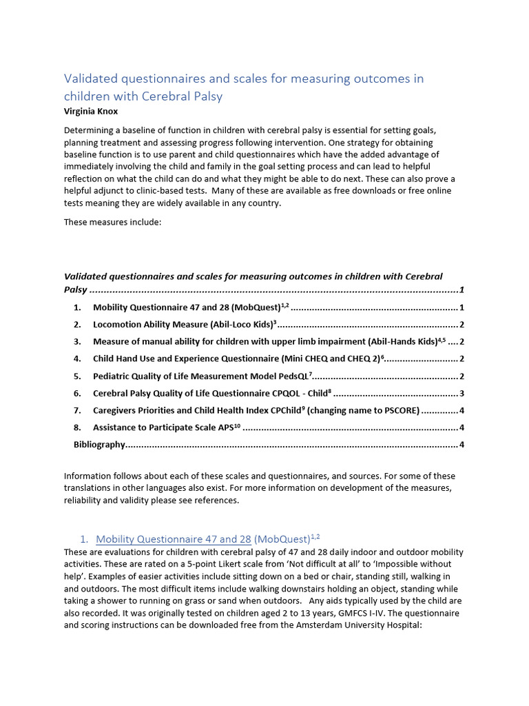 Questionnaires for Assessing Cerebral Palsy Outcomes | PDF | Cerebral ...