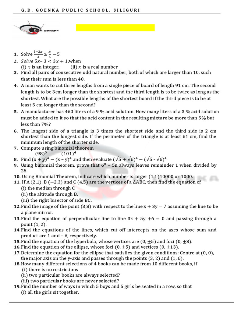 Class 11 Math Revision Worksheet 3 | PDF | Mathematics