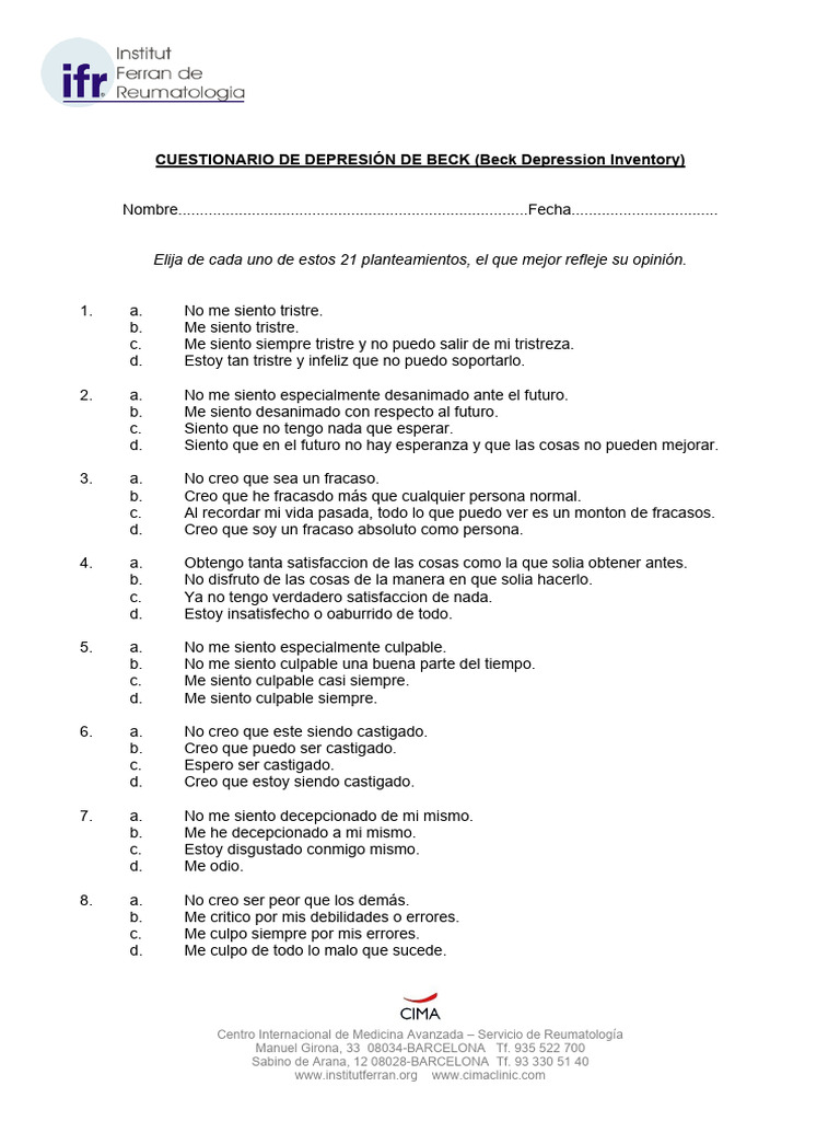 Cuestionario de Depresión de Beck | PDF