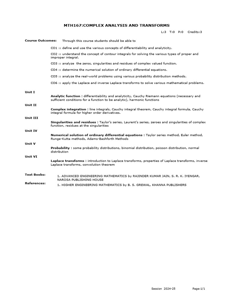 Complex Analysis and Transforms Course | PDF