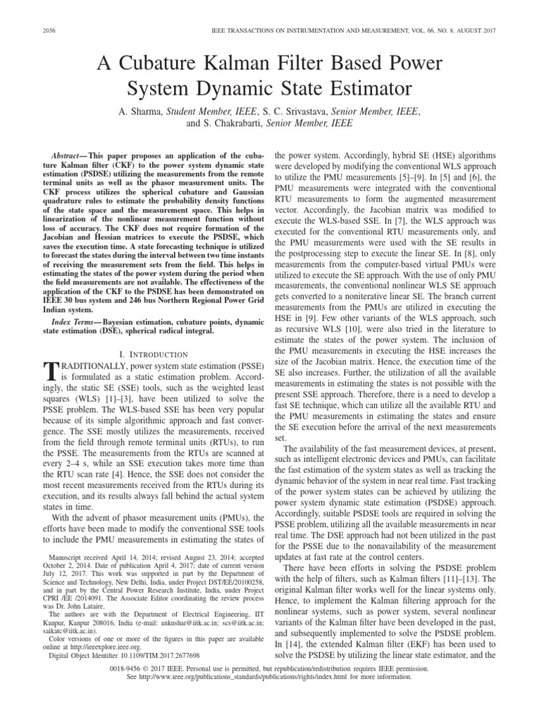 Cubature Kalman Filter for Power Systems | PDF | Kalman Filter ...