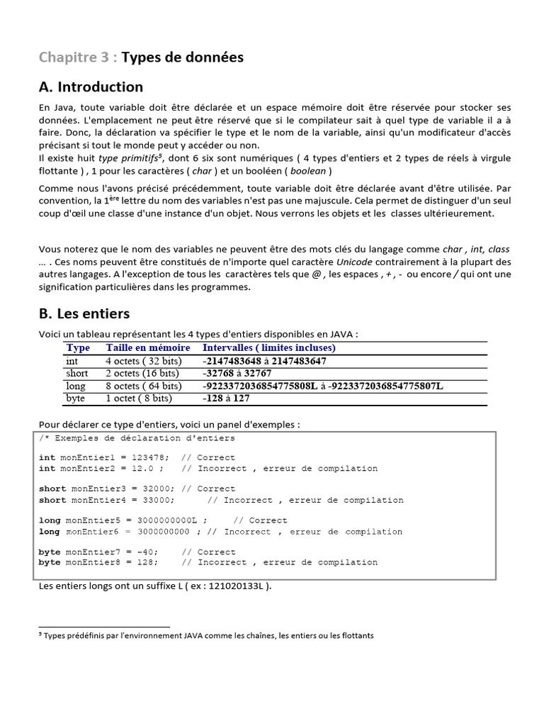 Types de données en Java : Primitifs et déclarations | PDF | Java ...