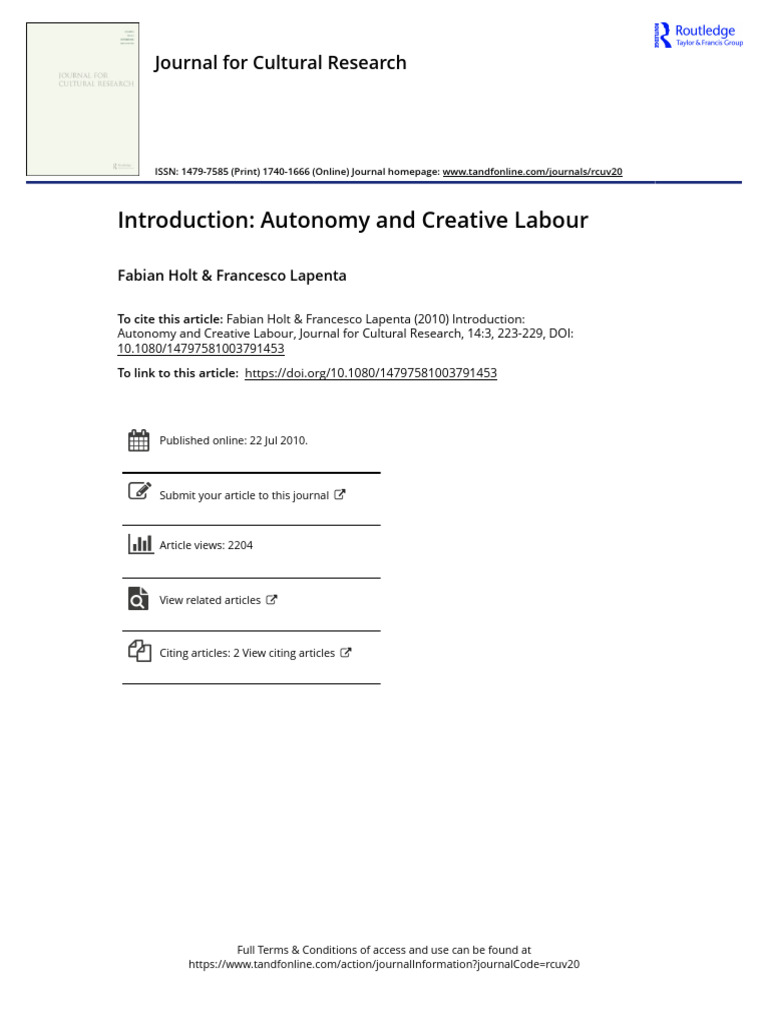 Introduction Autonomy and Creative Labour | PDF | Autonomy | Marx's ...