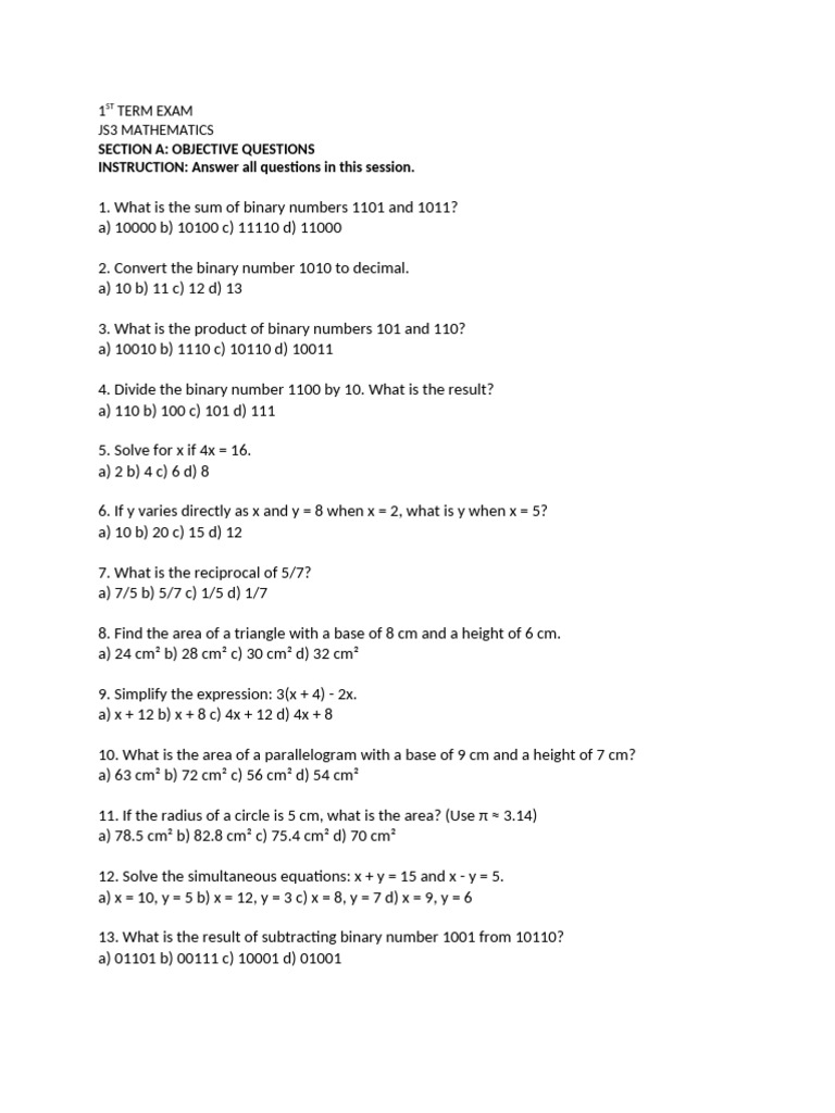 JS3 Mathematics Exam Questions | PDF | Area | Numbers