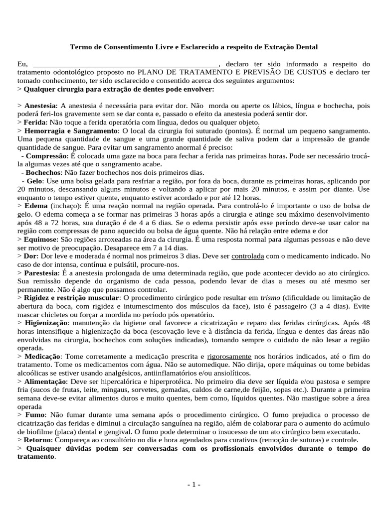 Termo de Consentimento para Extração Dental | PDF | Dor | Dente humano