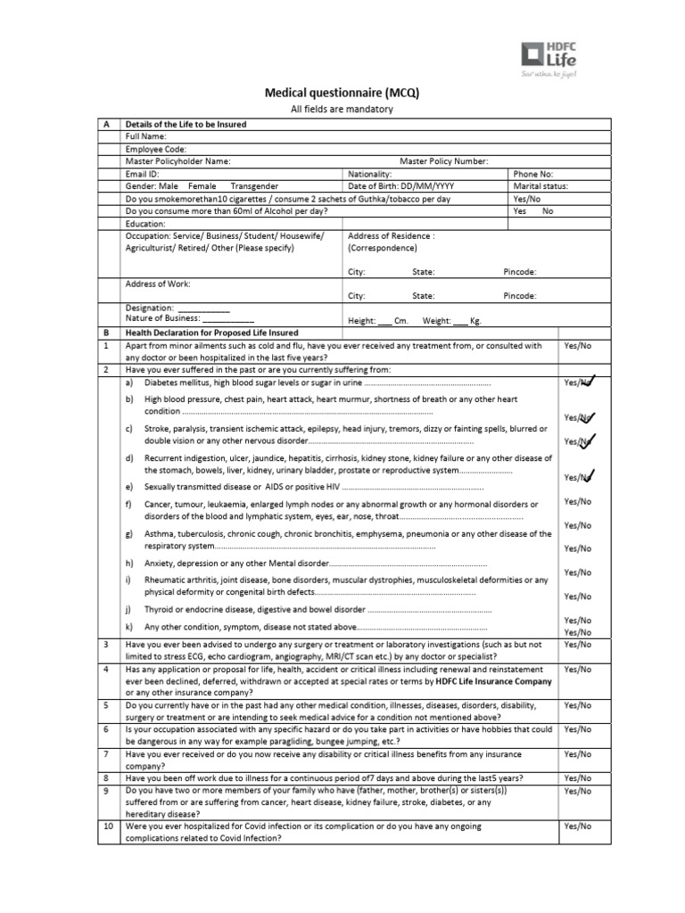 Medical Questionnaire for Life Insurance | PDF | Heart | Clinical Medicine
