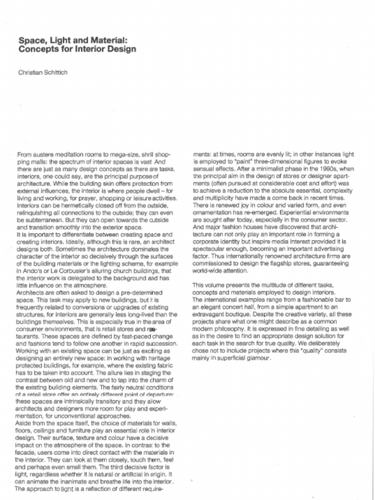 Space, Light and Material. Concepts For Interior Design | PDF
