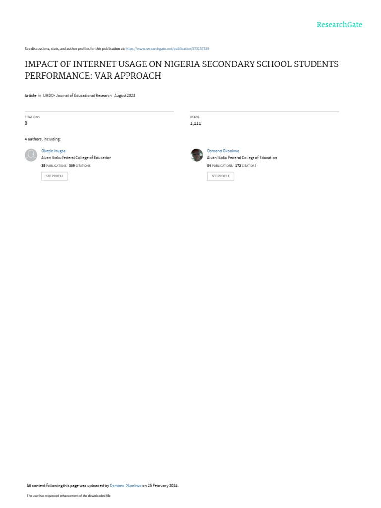 Internet Impact on Nigerian Students' Performance | PDF | Variance ...