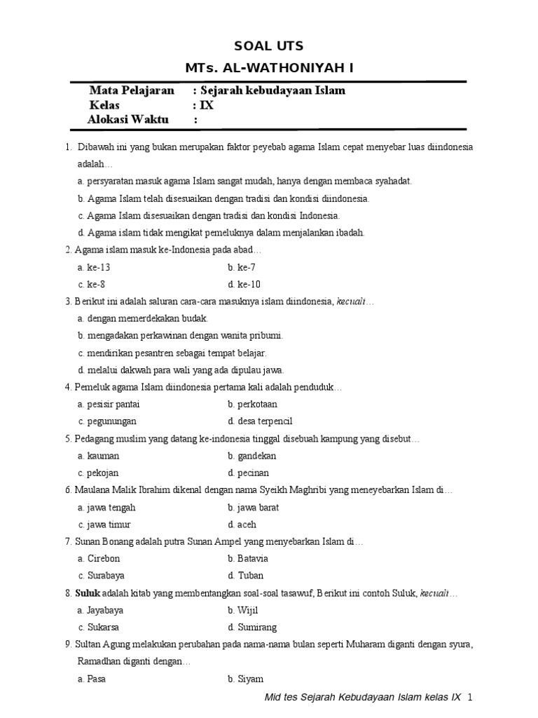 Kumpulan Soal Uts Ski Kls 7 Semester 1 Kurikulum 2013