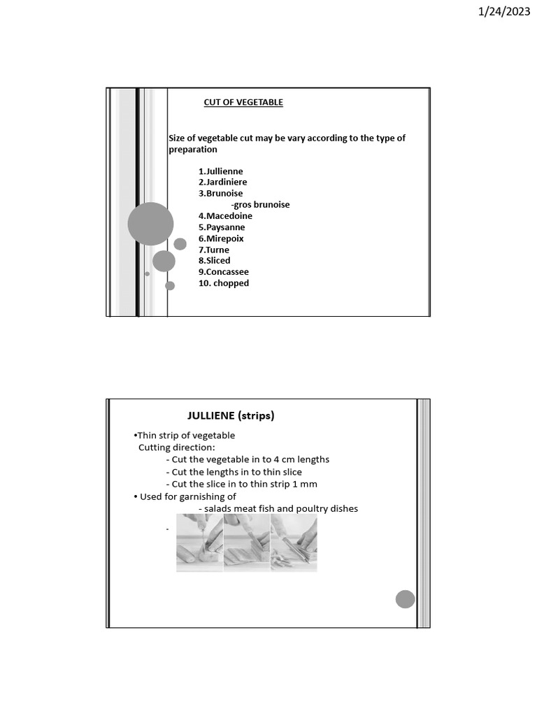 Essential Vegetable Cutting Techniques | PDF | Foods | Cuisine