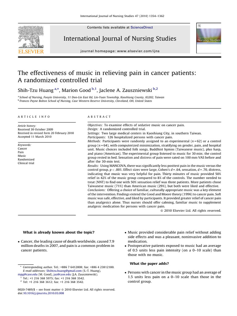 The Effectiveness of Music in Relieving | PDF | Medicine | Health Care
