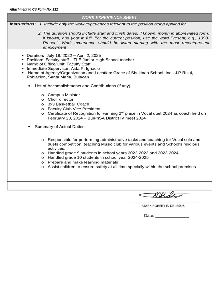 Work Experience Sheet for Teacher Mark De Jesus | PDF