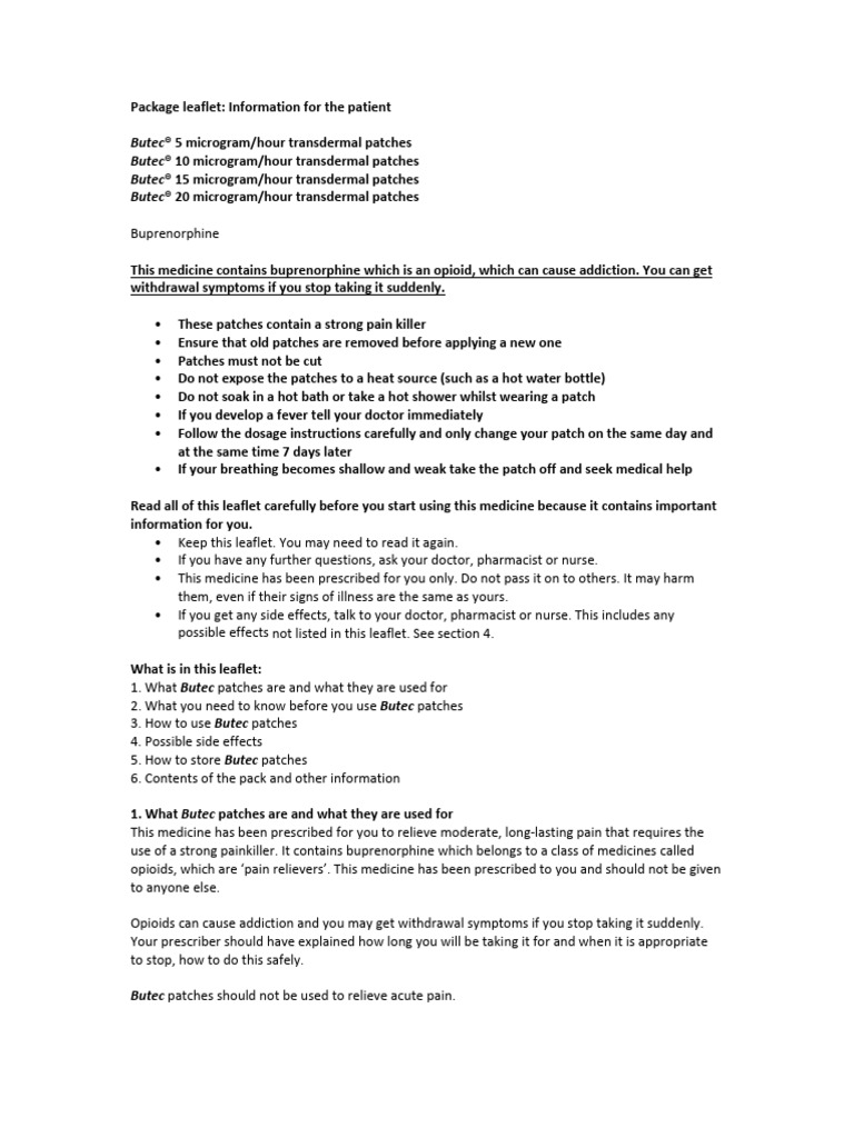Butec Transdermal Patch Patient Guide | PDF | Analgesic | Opioid