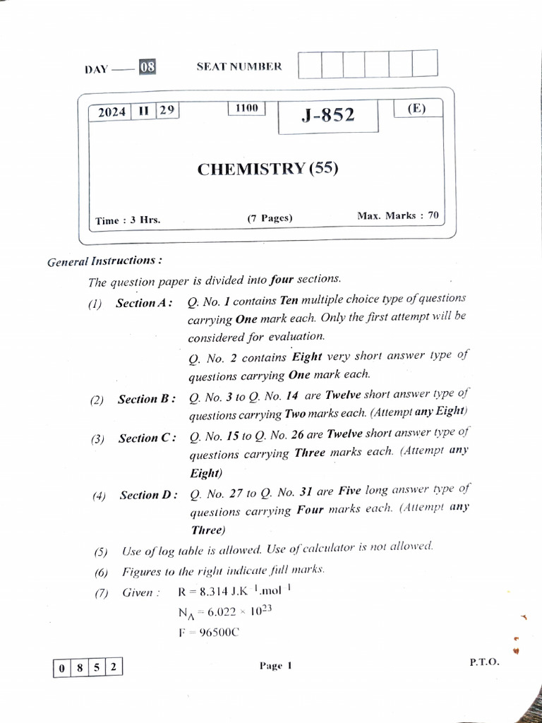 Chemistry Final Exam Paper 2024 | PDF | Chemical Reactions | Solubility