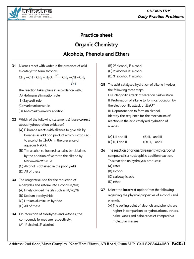 Alcohols, Ethers and Phenols Practice Sheet | PDF | Ether | Chemical ...