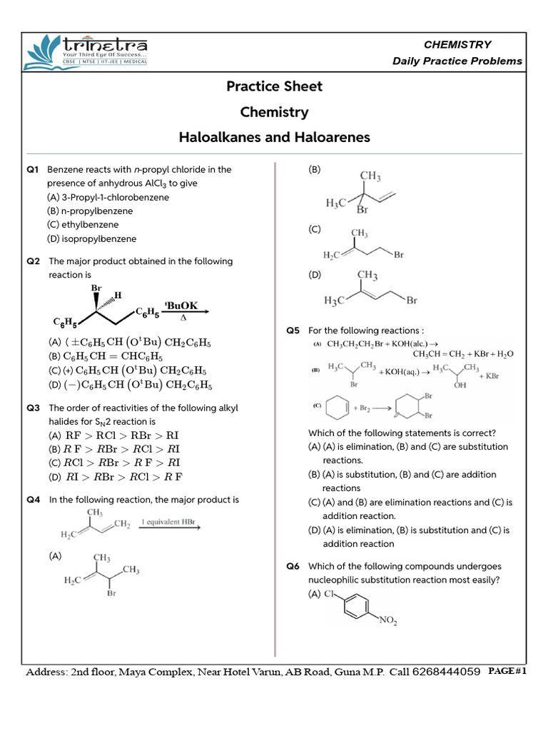 Haloalkanes and Haloarenes Practice Sheet | PDF | Methyl Group ...