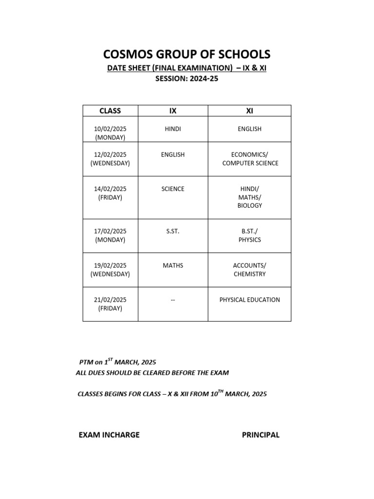 Date Sheet IX - XI Final Exam | PDF