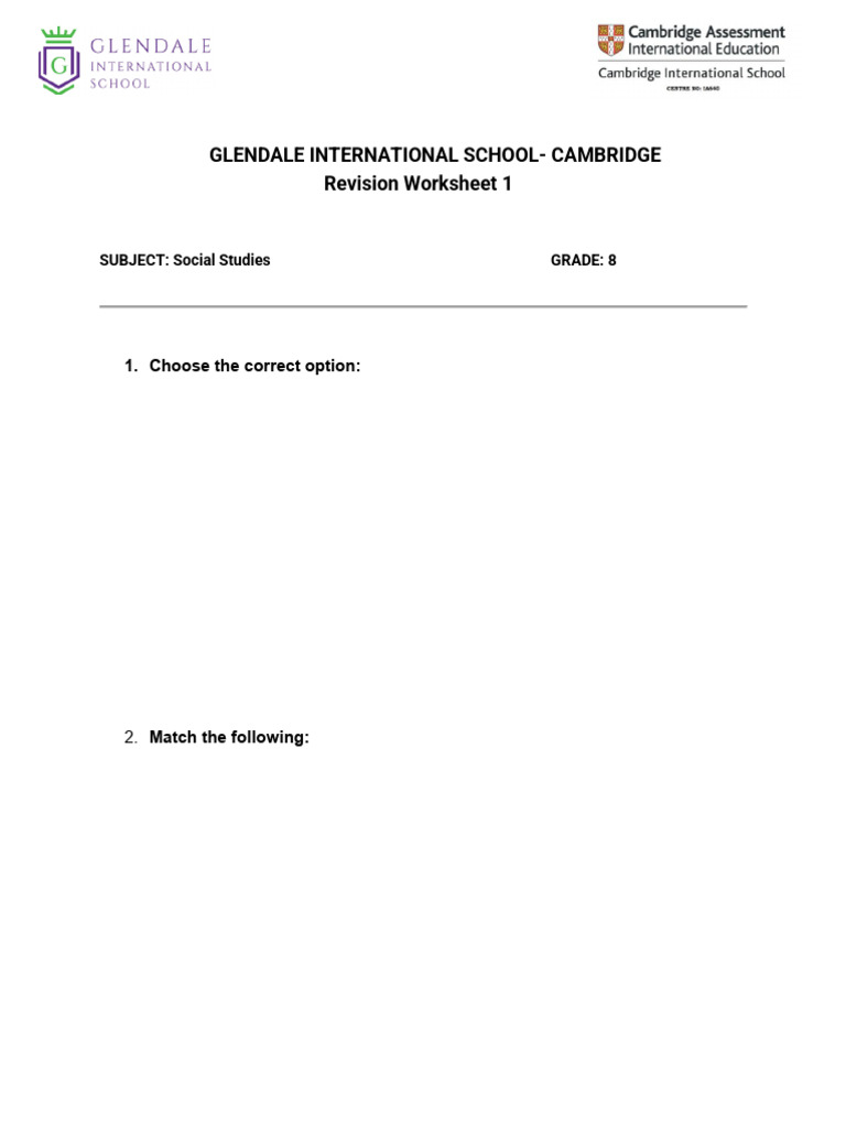 Grade 8 - SST - Revision WS1 | PDF